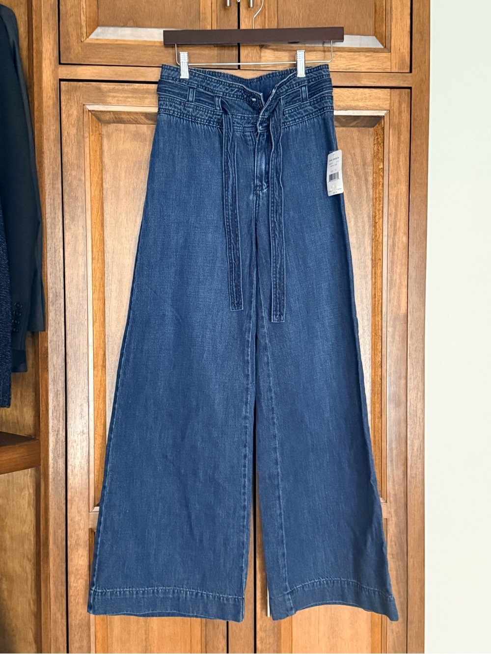 Free People Indigo High-Waist Wide Leg Jeans with Tie